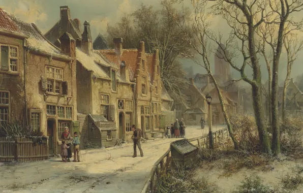 Картинка Willem Koekkoek, Dutch painter, голландский художник, oil on canvas, Виллем Коеккёк, Villagers in a snow-covered …