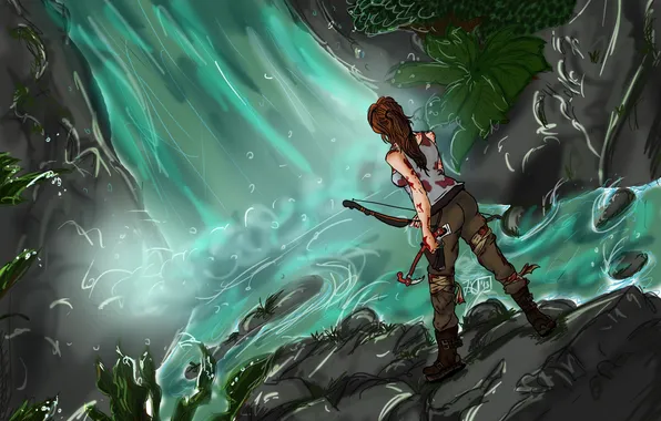 Картинка девушка, камни, оружие, водопад, лук, арт, Lara Croft, Tomb raider