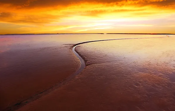 Картинка песок, пляж, закат, ручей, горизонт