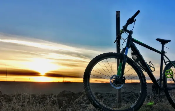 Bicycle, sky, field, nature, sunset
