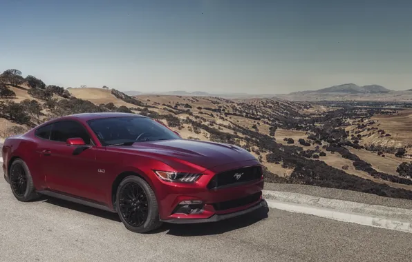 Картинка mustang, red, ford, road, 5.0, mountains