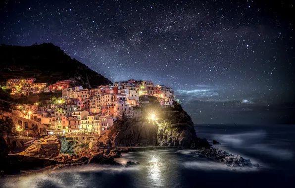 Ночь, огни, Италия, Italia, Manarola, Манарола, Чинкве-Терре, Лигурия