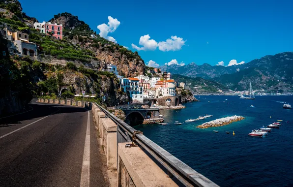 Море, небо, горы, мост, Италия, Italy, Amalfi