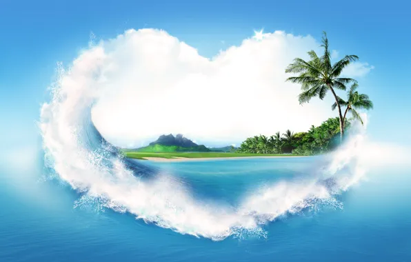 Картинка песок, море, вода, брызги, пальмы, креатив, берег, сердце