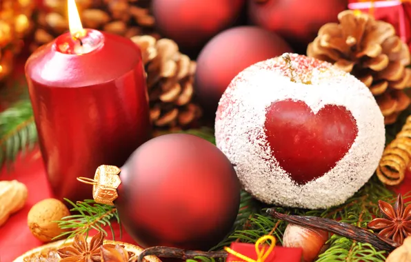 Картинка праздник, шары, сердце, новый год, яблоко, рождество, свеча, new year