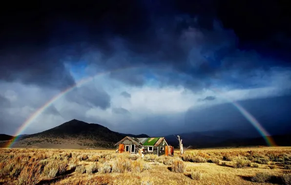 Rainbow, house, grass, sky, landscape, mountains, clouds, abandoned