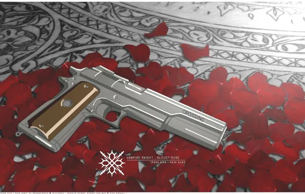 Pistol, rose, bloody, vampire, petals, knight