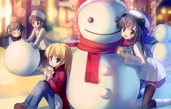 Картинка зима, настроение, аниме, снеговик, друзья