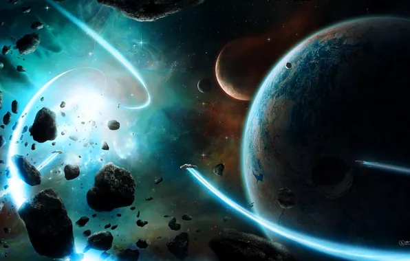 Stars, planets, spaceships, attraction