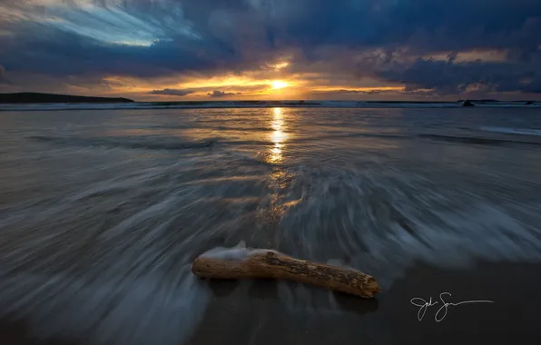 Картинка море, вода, закат, природа, дерево, волна, бревно