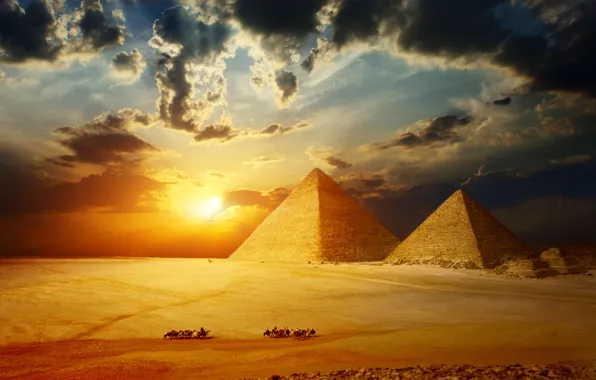 Картинка небо, солнце, пейзаж, HDR, размытость, Гиза, Египет, пески