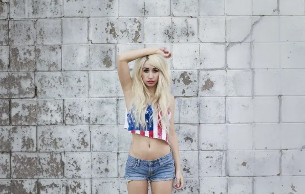 Girl, wall, shorts, woman, bricks, stars, model, flag
