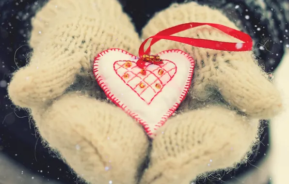 Картинка снег, любовь, сердце, варежки, день святого Валентина, зимние праздники