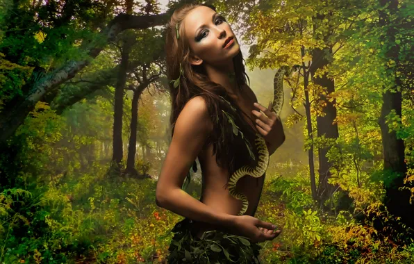 Картинка девушка, стиль, змея, обработка, джунгли, арт