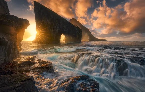 Картинка закат, океан, скалы, Дания, Атлантический океан, Faroe Islands, Фарерские острова, Denmark