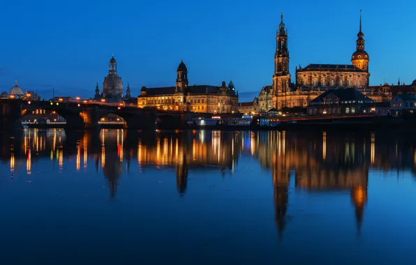 Картинка небо, огни, отражение, Германия, Дрезден, зеркало, Эльба, Саксония