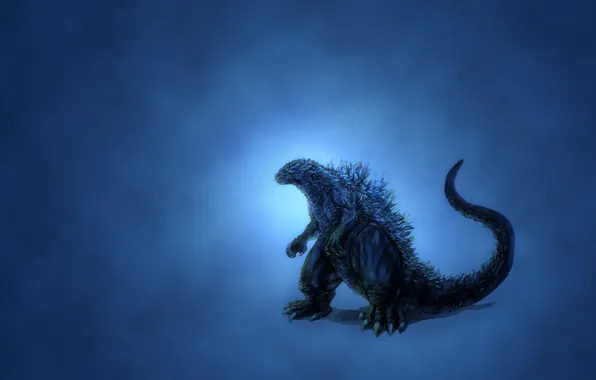 Картинка динозавр, свечение, минимализм, синий фон, Godzilla, темноватый, годзилла