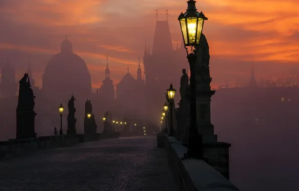 Cathedral, sunrise, bridge, tower, cityscape, city, art, Prague
