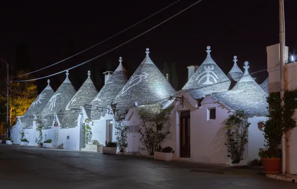 Ночь, улица, постройки, италия, Alberobello