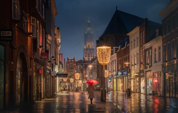 Картинка дождь, улица, здания, дома, вечер, фонарь, Нидерланды, Netherlands