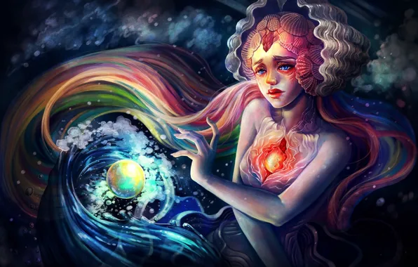 Картинка девушка, пузырьки, лицо, сердце, русалка, арт, ракушки, сфера