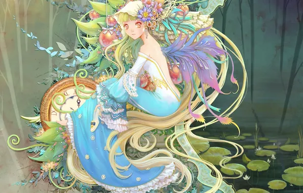 Картинка девушка, абстракция, пруд, лилии, часы, болото, крылья, платье