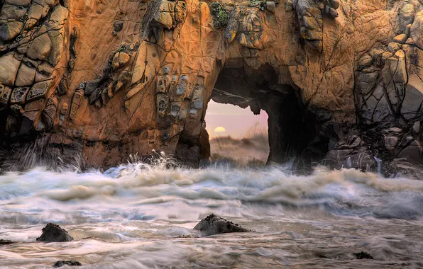 Картинка море, волны, скала, камни, арка, California, Pfeiffer beach, Big sur