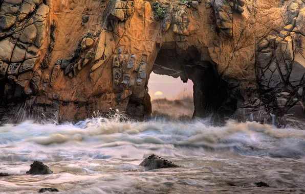 Море, волны, скала, камни, арка, California, Pfeiffer beach, Big sur