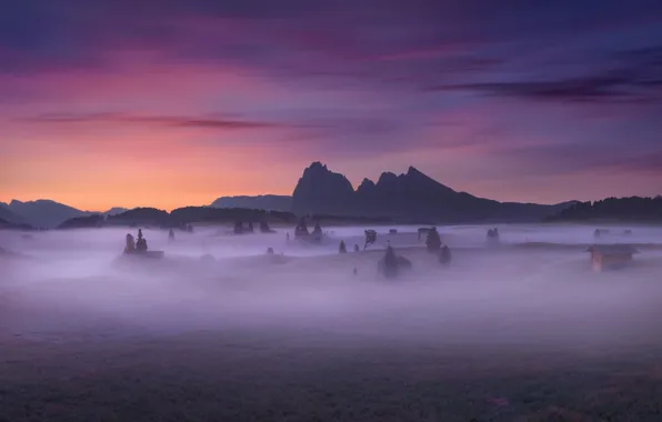 Картинка горы, туман, вечер, утро, долина, Альпы, домики
