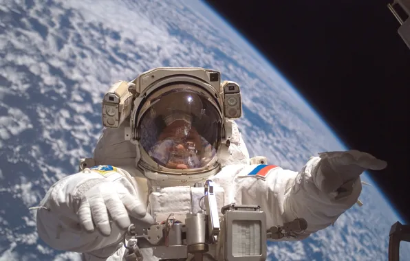 Космонавт, на орбите, земля с космоса, открытый космос