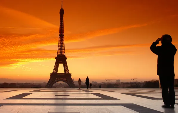 Картинка Франция, Париж, Закат, Небо, Облака, Вечер, Площадь, Люди