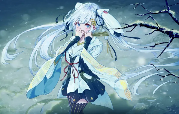 Зима, взгляд, ветки, аниме, девочка, vocaloid, hatsune miku, yuki miku