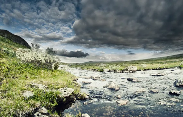 Горы, озеро, река, день, river, mountains, lake, day