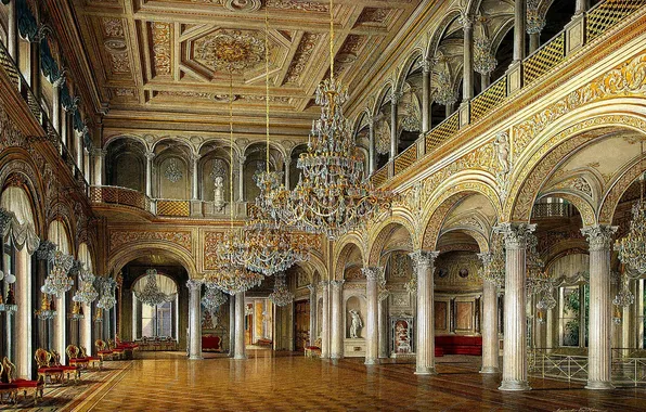 Интерьер, картина, кресла, колонны, балкон, зал, дворец, люстры