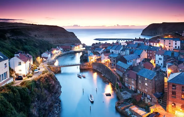 Картинка небо, Англия, лодки, Горизонт, England, Северный Йоркшир, North Yorkshire, Staithes Village