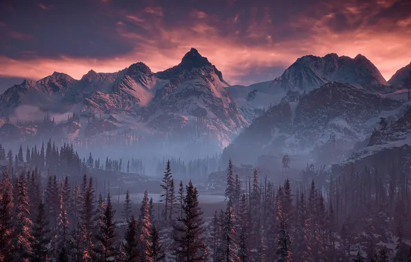 Картинка sky, trees, nature, games, mountains, pc games, horizon zero dawn, xbox games