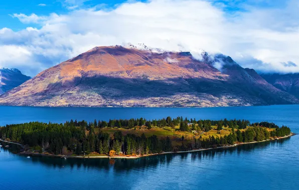 Облака, горы, озеро, остров, Новая Зеландия, Queenstown, Lake Wakatipu