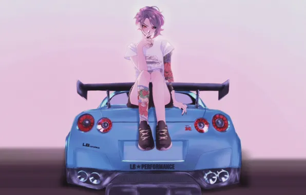 Car, шорты, футболка, Аниме, автомобиль, Anime, shorts, сидя