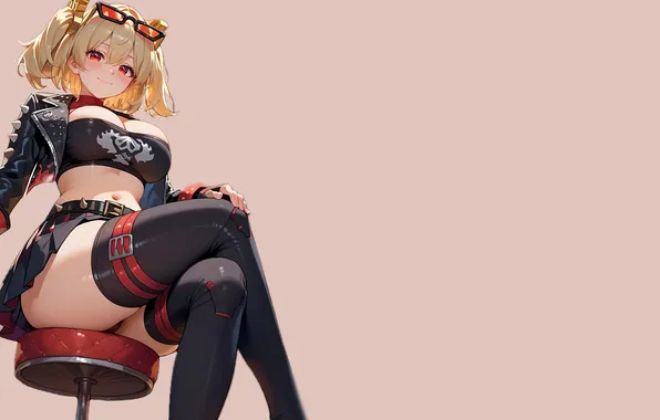 Girl, hot, sexy, boobs, anime, stockings, chair, blonde
