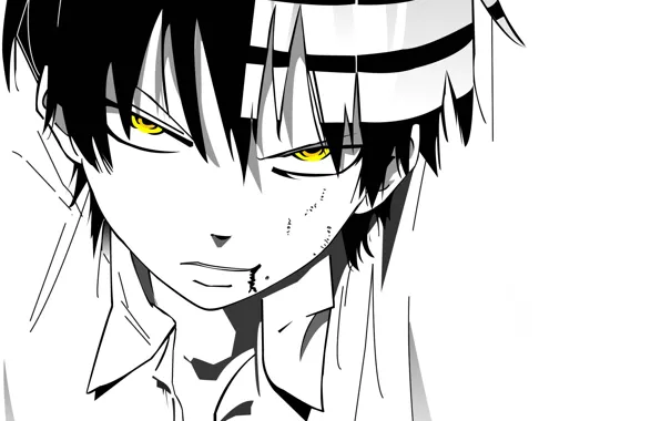 Взгляд, аниме, белый фон, парень, Пожиратель душ, Soul Eater, Death the Kid