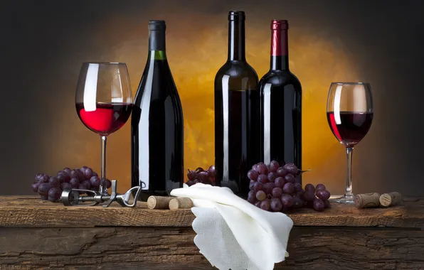 Ягоды, вино, красное, бокалы, виноград, пробки, бутылки, штопор