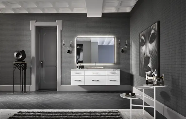 Картинка белый, дизайн, серый, черный, интерьер, ванная комната, ар-деко