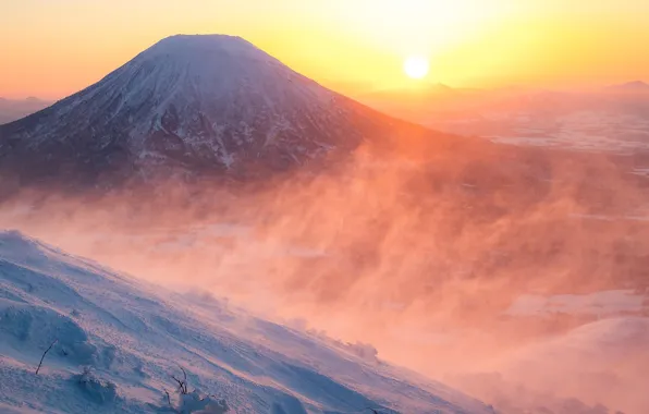 Japan, landscape, nature, mountains, snow, sun, sunrise, mist