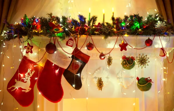 Картинка шары, свечи, Рождество, Новый год, бусы, гирлянда, Christmas, Winter