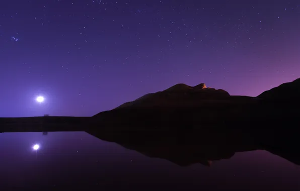 Вода, звезды, ночь, отражение, холмы, луна