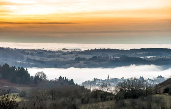 Закат, туман, даль, France, Auvergne, Chez-Rigaud