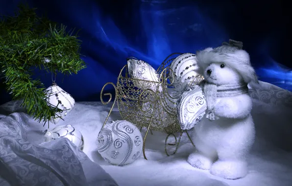 Снег, шары, игрушки, новый год, мишка, ёлка, christmas, new year