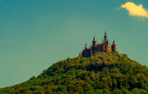 Картинка лес, небо, деревья, стена, башня, гора, Германия, замок Гогенцоллерн