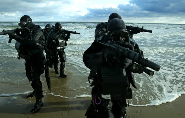 Море, берег, боевые, автоматы, Морской спецназ, пловцы