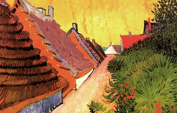 Цветы, улица, дома, кусты, Винсент ван Гог, Street in Saintes-Maries